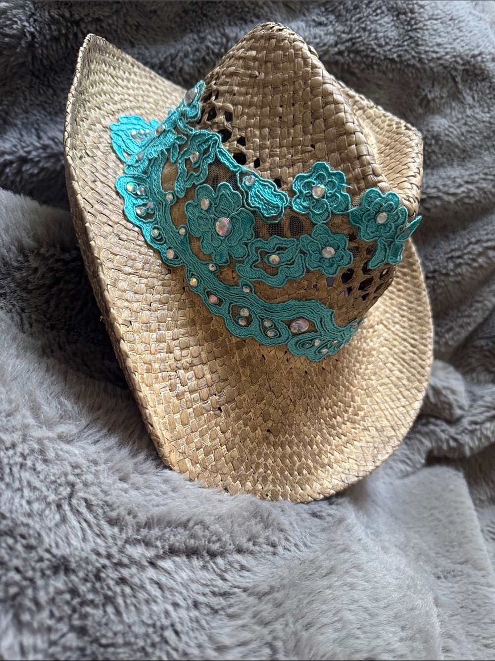 Straw Cowboy Hat with Turquoise Floral Band